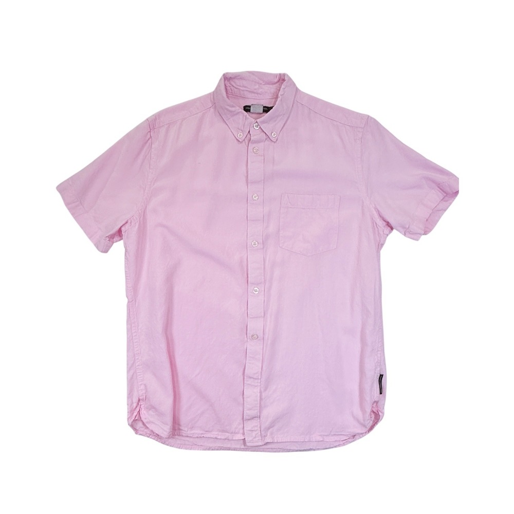 French Connection Shirt Mens Large Pink Linen Blend Short Sleeve Button Down